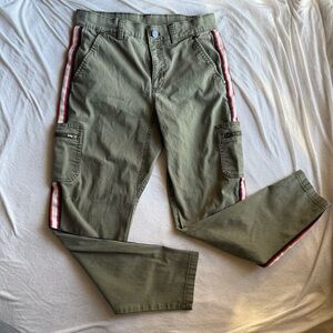 Athleta Olive Summit Cargo Pants with Red & White Side Stripes